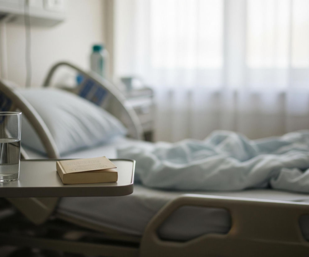 Szklanka wody i książka leżą na beżowym stoliku, znajdującym się obok szpitalnego łóżka. Łóżko ma białą pościel i błękitną kołdrę, ułożoną w fałdy, z zagłówkiem podniesionym pod błękitną poduszkę. W tle widać jasne, zasłonięte białymi firankami okno, a po lewej stronie znajduje się ściana z widocznym gniazdkiem elektrycznym i fragmentem białej szafki nocnej.
