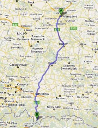 Trasa E77 Warszawa-Zakopane - mapka