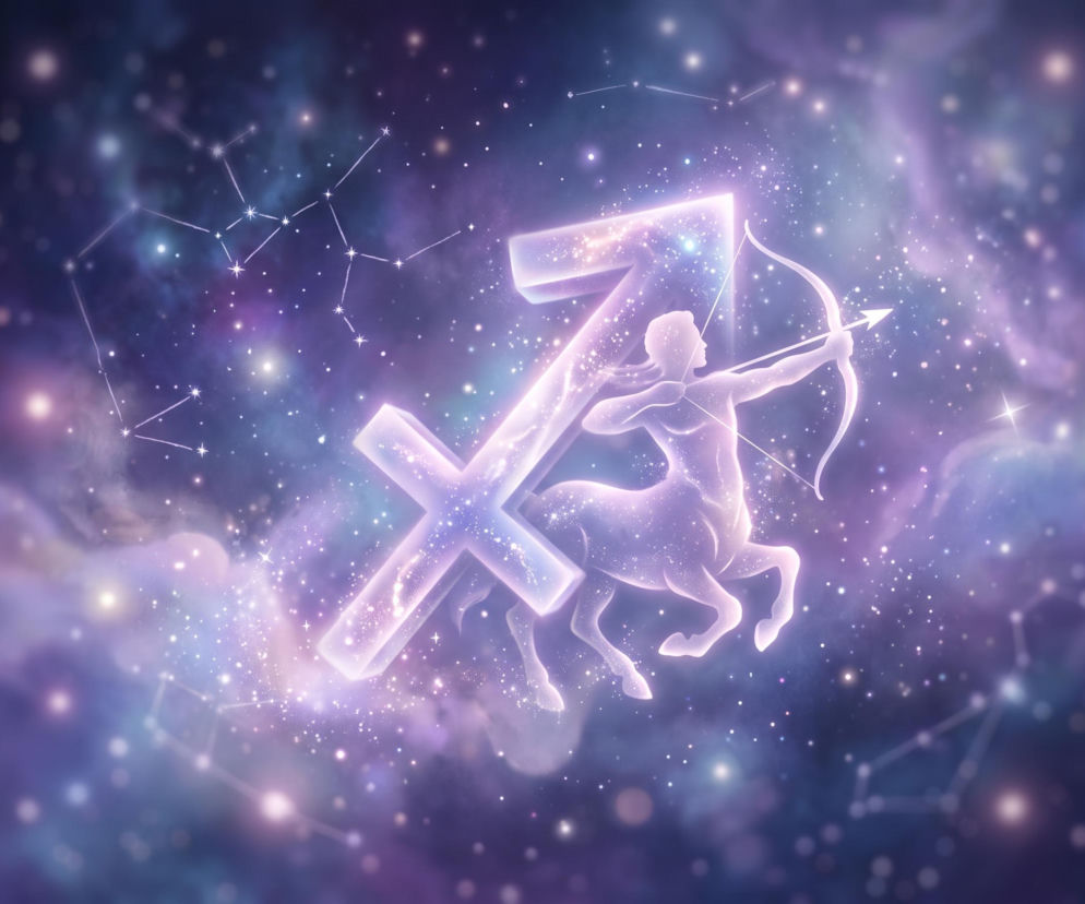 Świecący symbol znaku zodiaku Strzelec na tle gwieździstego kosmosu. O horoskopie dla Strzelca przeczytasz na Eska.