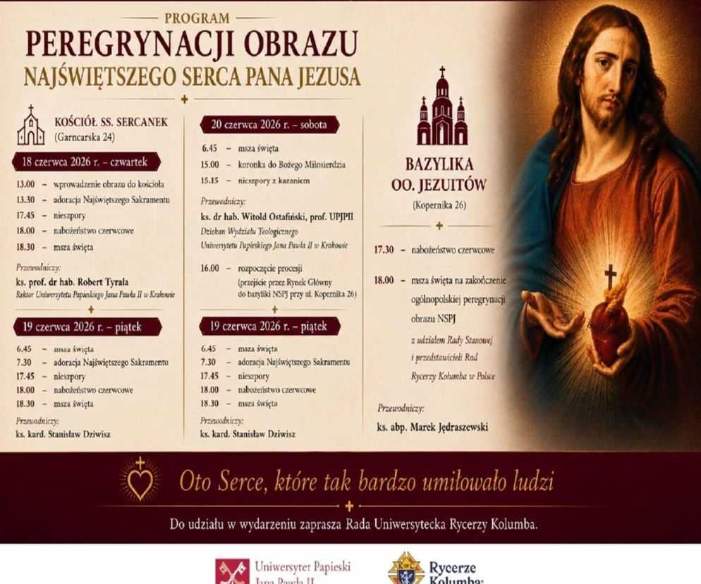 Program peregrynacji obrazu Najświętszego Serca Pana Jezusa, z kalendarzem wydarzeń w dniach 18-20 czerwca 2026 i wizerunkiem Jezusa Chrystusa ukazującego Serce. O uroczystościach w Krakowie przeczytasz więcej na naszym portalu.