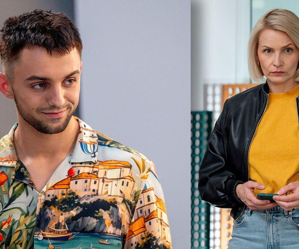 Aktor Oliwier Kozłowski jako Mirek w kolorowej koszuli patrzy w prawo, obok aktorka Dorota Łukasiewicz-Kwietniewska jako Olga w żółtym T-shircie i czarnej kurtce. Oboje występują w serialu Barwy szczęścia, o którym przeczytasz więcej na portalu Super Seriale.