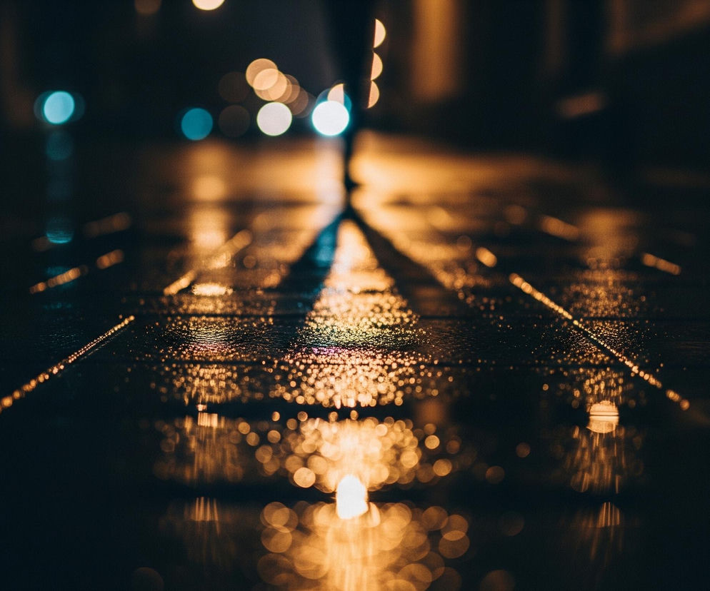 Nocna ulica, prawdopodobnie po deszczu, jest rozmyta i błyszcząca od odbitych świateł. W centrum kadru widać pionowy zarys osoby idącej, otoczonej długimi, rozmytyymi smugami światła na mokrej nawierzchni. Rozświetlone kropelki wody na powierzchni tworzą liczne, drobne, złoto-pomarańczowe refleksy. W tle, powyżej horyzontu, migoczą niewyraźne, kuliste światła w odcieniach czerwieni, błękitu i bieli.