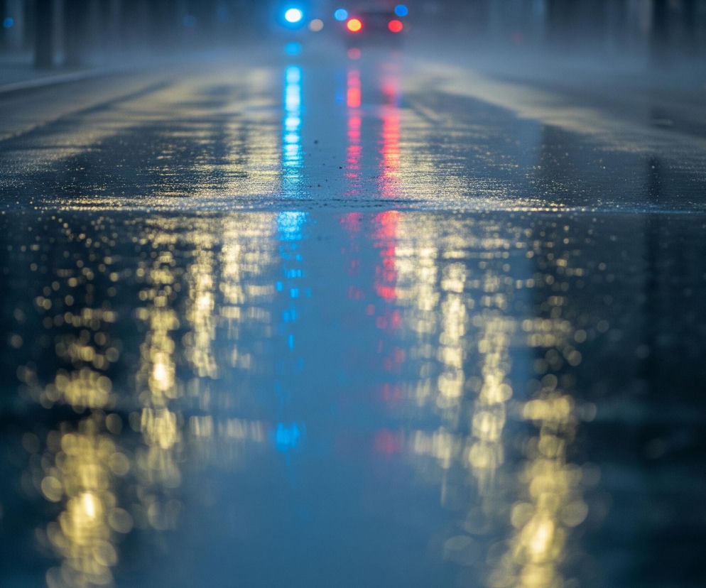 Mokry asfalt pokrywa centrum kadru, rozciągając się w głąb obrazu. Na jego powierzchni odbijają się rozmyte światła w kolorach żółtym, niebieskim i czerwonym. W górnej części zdjęcia, w oddali, widać niewyraźne źródła światła, z dwoma wyraźnymi punktami: niebieskim po lewej i czerwonym po prawej. Całość tworzy zamgloną, nocną atmosferę, z dominującymi odcieniami granatu i szarości.