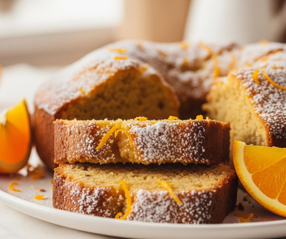 Na białym talerzu leży duży, jasnobrązowy placek z dziurą w środku, obficie posypany cukrem pudrem. Z przodu placka wycięto dwie grube kromki, które leżą jedna na drugiej obok pozostałej części ciasta. Zarówno placek, jak i kromki posypane są cienkimi, pomarańczowymi skórkami. Po bokach talerza umieszczono trzy plasterki pomarańczy, z których jeden jest częścią okrągłego owocu. Talerz stoi na jasnym, teksturowanym obrusie, a w tle widać rozmyte, beżowo-białe elementy.