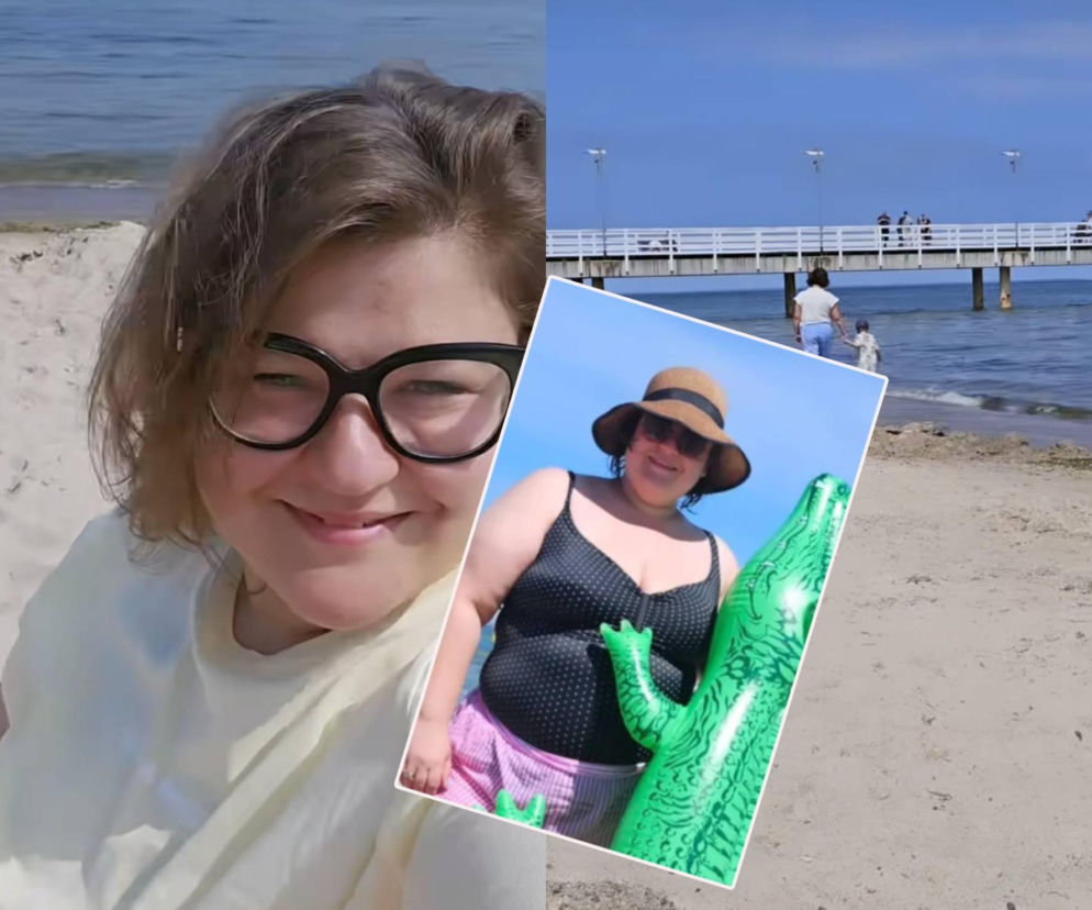 Uśmiechnięta Dominika Gwit na plaży. Na miniaturze obok aktorka z dmuchanym krokodylem. O urlopie gwiazdy przeczytasz na Eska.