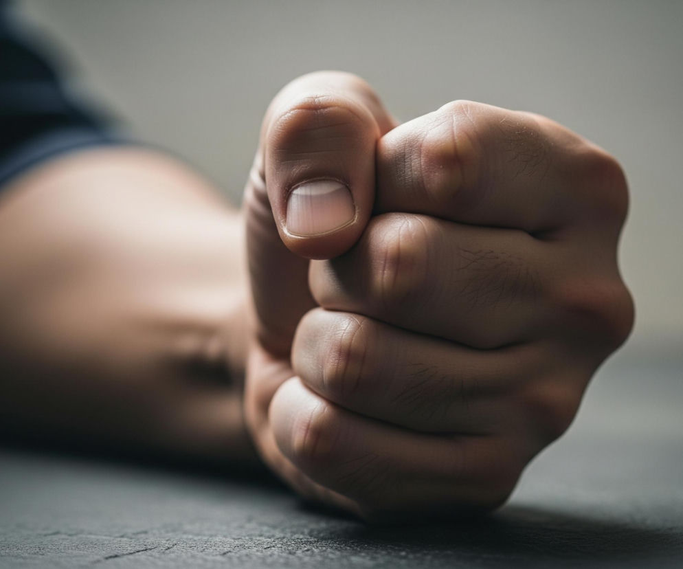 Zaciśnięta pięść człowieka spoczywa na ciemnej, chropowatej powierzchni, zajmując centralną część kadru. Dłoń jest koloru cielistego, z wyraźnie widocznymi zagięciami skóry i krótkimi, ciemnymi włoskami na palcach, a paznokcie są krótkie i zadbane. Ręka, ubrana w ciemny rękaw, rozciąga się w lewo, stając się nieostra i zanikając w rozmyciu tła, które stopniowo jaśnieje od ciemnego do szarego. Oświetlenie pada z góry, tworząc subtelne cienie i podkreślając fakturę skóry oraz podłoża.
