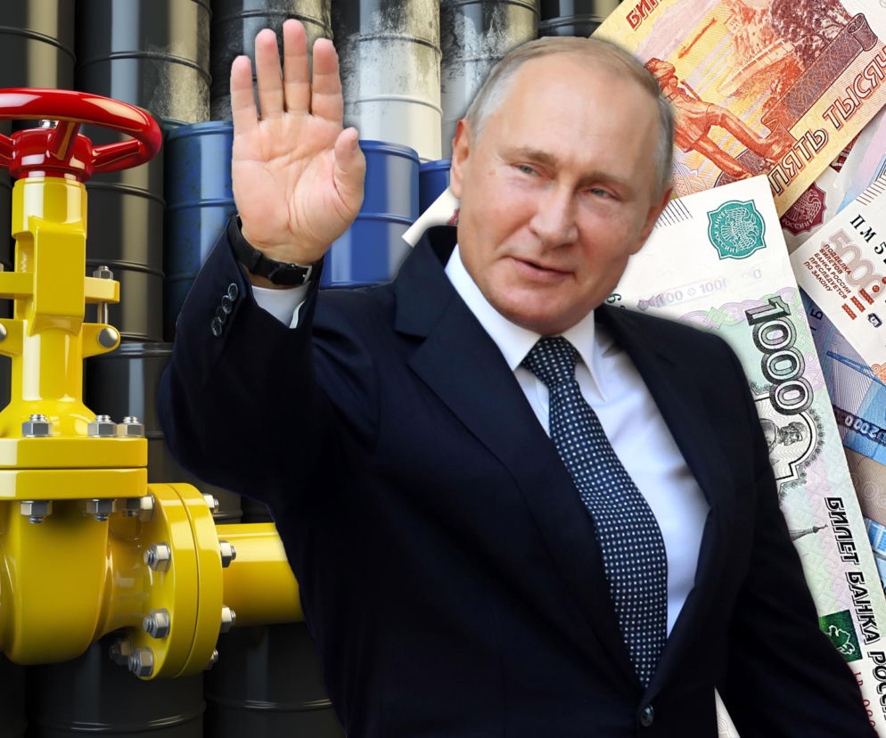 Władimir Putin w garniturze unosi dłoń, na tle rurociągu z czerwoną rączką, baryłek ropy i banknotów rubli, symbolizujących spadek dochodów Rosji z ropy i gazu. Więcej o rosyjskiej gospodarce na Super Biznes.
