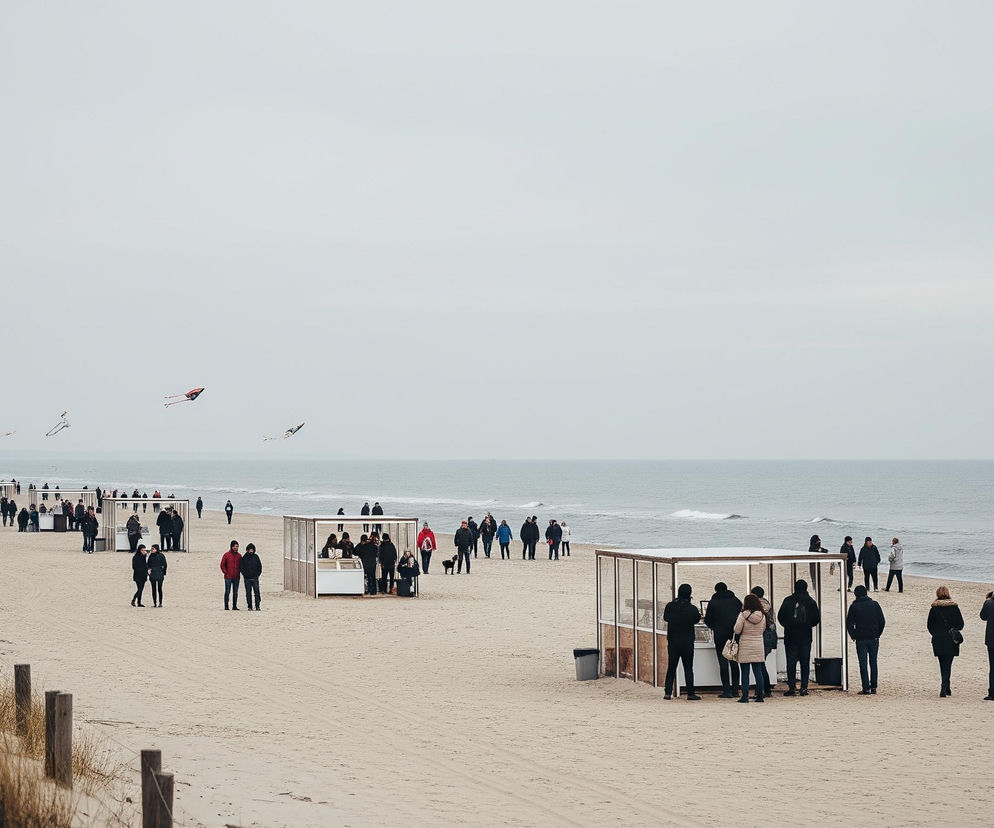 Długa, piaszczysta plaża jest wypełniona ludźmi, którzy spacerują i zbierają się wokół kilku drewnianych pawilonów z przeszklonymi ścianami. Po lewej stronie widać wydmę z suchą, żółtobrązową trawą, zabezpieczoną rzędem drewnianych palików. Na szarym niebie latają co najmniej trzy latawce, a fale rozbijają się o brzeg morza.