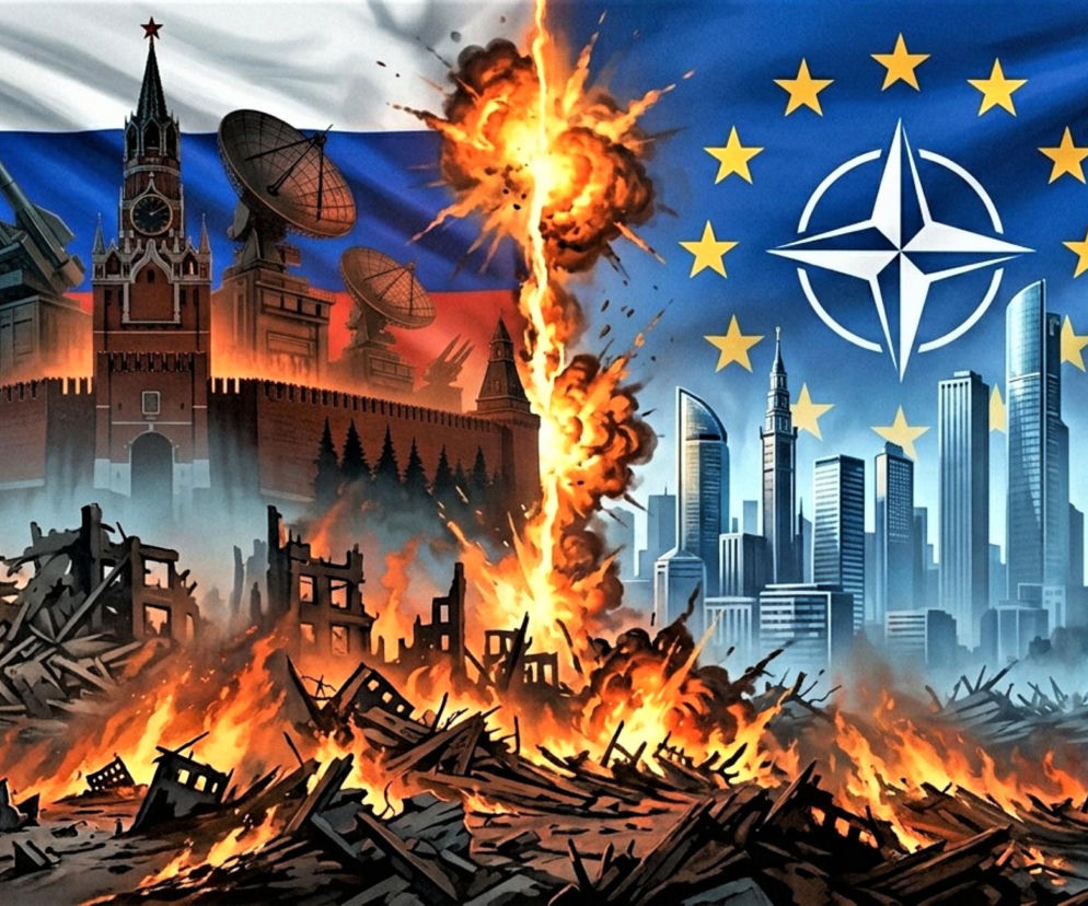 Grafika z płonącym murem między Rosją a NATO. O nowej zimnej wojnie przeczytasz na SE Portal Obronny.