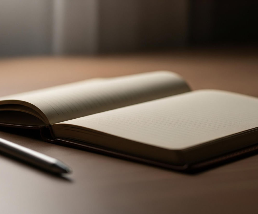 Na drewnianym stole leży otwarty notatnik z ciemnobrązową okładką, odsłaniając beżowe, zadrukowane w linie strony. Po lewej stronie notatnika, na blacie, spoczywa metalowy długopis w kolorze srebrnym. Całość jest oświetlona miękkim światłem padającym z górnej części kadru, tworząc subtelne cienie i podkreślając ciepłe barwy.