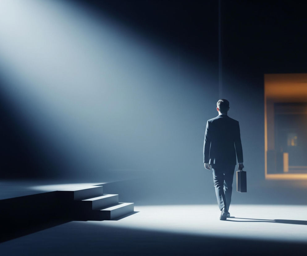 Mężczyzna w ciemnym garniturze z aktówką w prawej dłoni idzie w głąb ciemnego, puste pomieszczenia, odwrócony plecami do widza. Kroczy po oświetlonym, szarym fragmencie podłogi, a jego sylwetka jest częściowo rozjaśniona przez snop światła padający z góry, z lewej strony obrazu. Po lewej stronie widoczne są schody złożone z trzech stopni, częściowo zacienione. W prawym, górnym rogu obrazu znajduje się prostokątne przejście do korytarza o ciepłej, pomarańczowej barwie, oświetlonego kilkoma lampami sufitowymi.