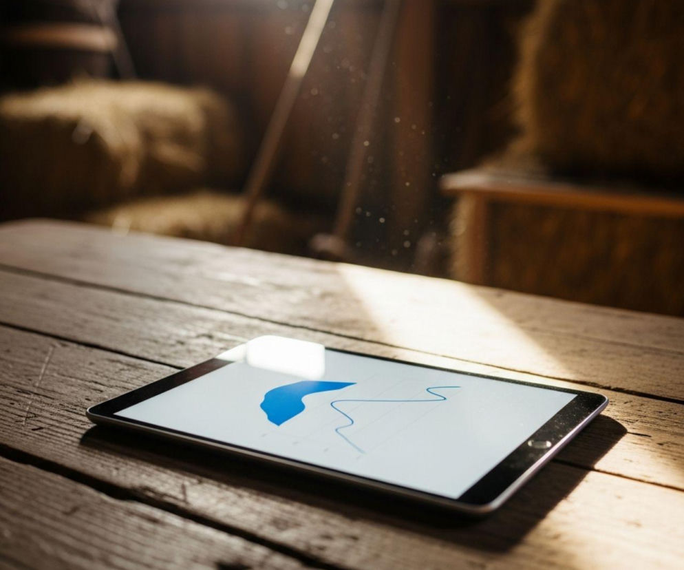 Tablet z wykresem leżący na drewnianym stole w stodole symbolizuje cyfrowe wyzwania dla rolników i potrzebę dostosowania do KSeF. O trudnościach we wdrożeniu tego systemu można przeczytać na Super Biznes.