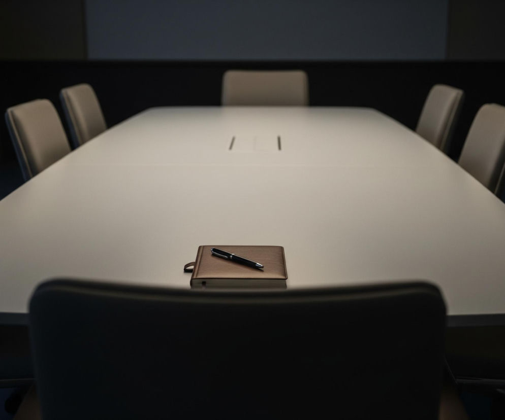 Na podłużnym, kremowo-białym stole konferencyjnym leży mały, brązowy notes, a na nim czarny długopis. Stół otoczony jest beżowymi krzesłami, z których jedno znajduje się na pierwszym planie, tyłem do widza. W tle, po lewej stronie, widać jasnoniebieskie zasłony, a reszta pomieszczenia jest ciemna i słabo oświetlona.