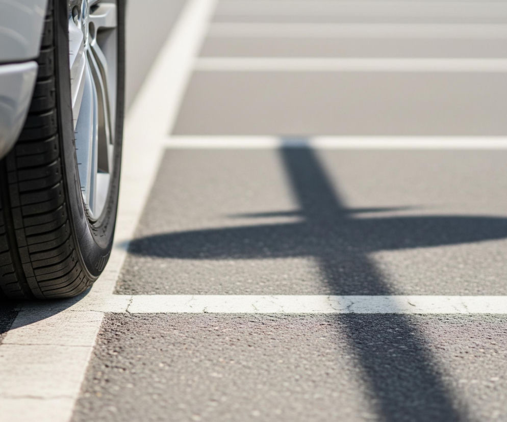 Na pierwszym planie, z lewej strony, widoczna jest część srebrnego samochodu, w tym opona i fragment karoserii. Opona ma wyraźny bieżnik i osadzona jest na srebrnej, wieloramiennej feldze. Samochód stoi na ciemnoszarym asfalcie, który jest wyraźnie oznakowany białymi liniami, tworzącymi miejsca parkingowe. Cień w kształcie krzyża rozciąga się przez środek kadru, padając na asfalt i jedną z białych linii.