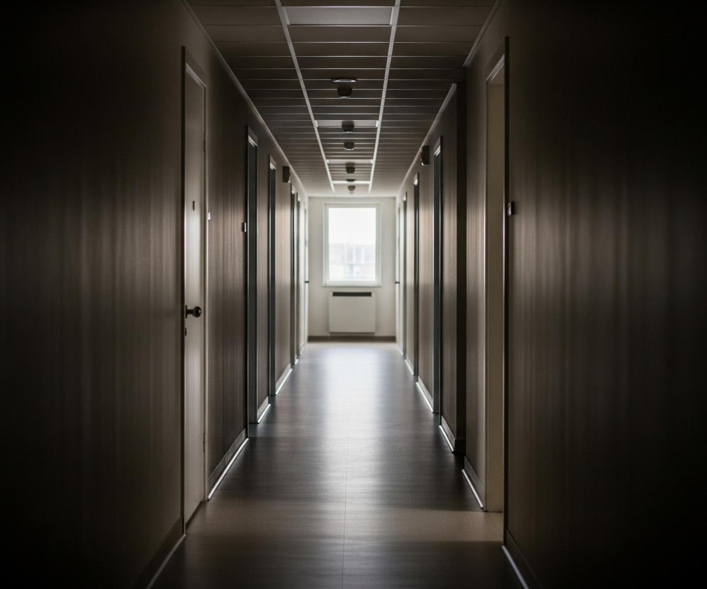 Długi, ciemny korytarz rozciąga się w głąb obrazu, znikając w jasnym świetle u jego końca. Po obu stronach korytarza widoczne są brązowe ściany z licznymi drzwiami, z czego niektóre mają widoczne klamki. Sufit składa się z białych, kwadratowych paneli z liniami siatki i wbudowanymi lampami, a podłoga jest ciemna, drewniana lub laminowana. Na końcu korytarza znajduje się prostokątne okno, przez które wpada intensywne, naturalne światło, tworząc jasną plamę na podłodze i ścianach.