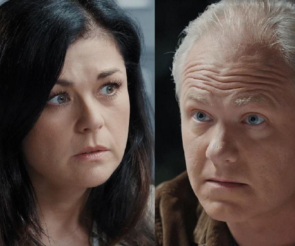 Kinga (Katarzyna Cichopek) ze zmartwioną miną spogląda w prawo, obok niej zbliżenie na twarz aspiranta Przewrockiego (Remigiusz Jankowski) z wytrzeszczonymi oczami, który prowadzi przesłuchanie. Więcej o ich losach na stronie Super Seriale.