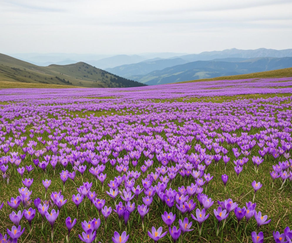 Rozległe pole zielonej trawy pokryte jest gęsto fioletowymi kwiatami, które dominują w dolnej i środkowej części obrazu. Kwiaty mają kształt kielichów z jasnożółtymi lub pomarańczowymi pręcikami w środku i rozciągają się aż do horyzontu. W tle widoczne są pagórkowate, zielono-brązowe wzniesienia, a za nimi, w oddali, pasma górskie o niebieskawo-szarym zabarwieniu, tworzące kolejne warstwy krajobrazu. Niebo nad górami jest jasne, o delikatnym, białym lub bardzo bladym błękicie.