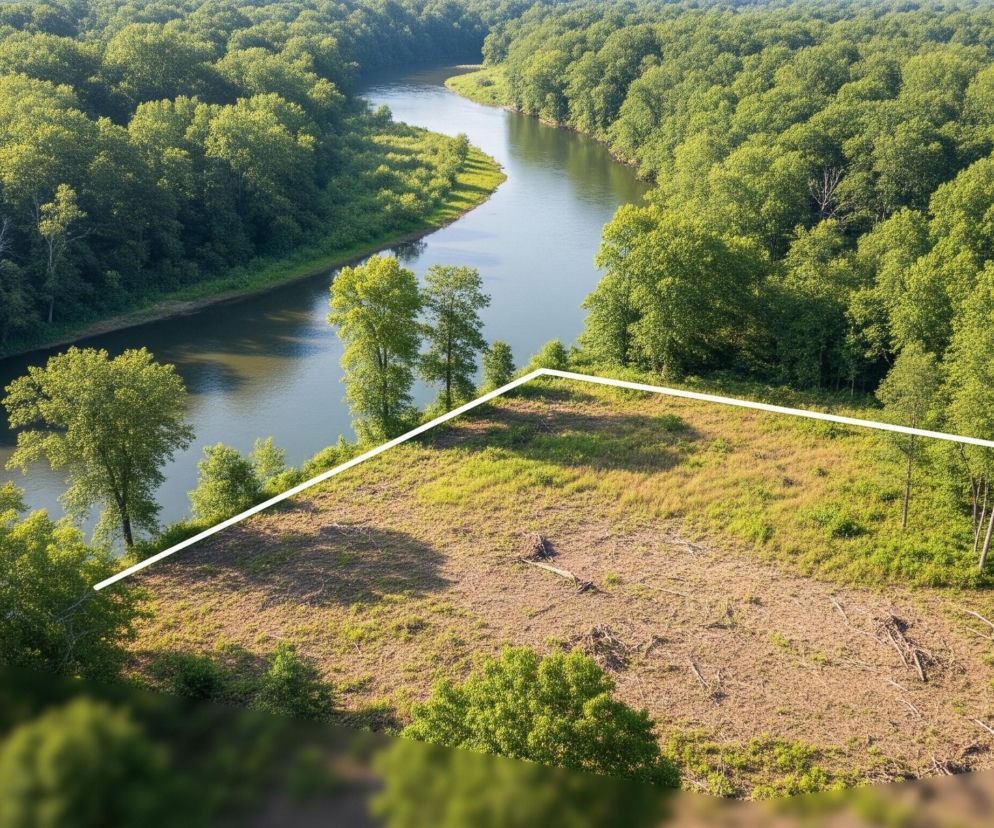 Na pierwszym planie widoczna jest duża, nieregularna działka gruntowa o nierównej, głównie brązowo-zielonej powierzchni, częściowo pokrytej resztkami ściętych gałęzi i pni drzew. Działka jest oznaczona białymi, cienkimi liniami, wyznaczającymi jej granice. Za działką, w tle, płynie szeroka, meandrująca rzeka o ciemnoniebiesko-zielonej wodzie, otoczona gęstym, soczystozielonym lasem, który rozciąga się również po drugiej stronie rzeki i wzdłuż jej brzegów, wypełniając cały horyzont.
