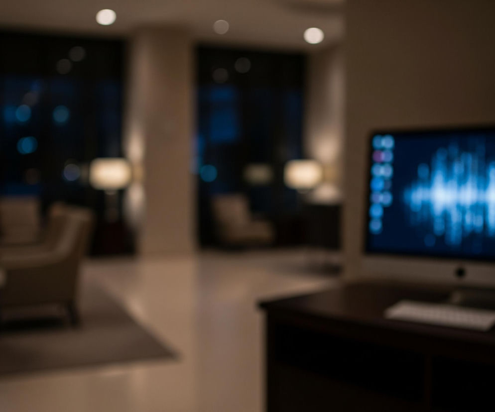 Komputer typu all-in-one z jasnoniebieskim, rozmazanym wzorem na ekranie, przypominającym wizualizację dźwięku, stoi na ciemnym biurku w prawym dolnym rogu. Obok komputera widoczna jest rozmazana, biała klawiatura i myszka. Większa część tła jest nieostra, przedstawiając wnętrze pomieszczenia z elementami wyposażenia, takimi jak lampy stołowe z kremowymi abażurami i beżowe fotele. Z tyłu widoczne są duże okna, przez które prześwituje rozmazane, ciemnoniebieskie światło i jasne, okrągłe punkty, prawdopodobnie odległe światła miejskie.