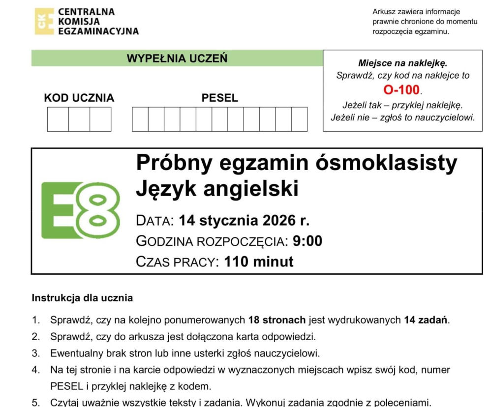 Próbny egzamin ósmoklasisty 2026 - angielski