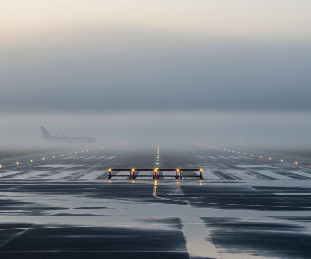 Na pierwszym planie widoczny jest mokry pas startowy lub droga kołowania, pokryty równoległymi, ciemnymi smugami i odblaskami światła. W poprzek, w centrum kadru, znajduje się rząd ośmiu pomarańczowych świateł sygnalizacyjnych, które odbijają się w wilgotnej nawierzchni. Dalej, po obu stronach pasa, ciągną się rzędy mniejszych, punktowych pomarańczowych świateł, zanikających w gęstej, szarej mgle, która unosi się nad całą sceną. W tle, częściowo zasłonięty mgłą, majaczy kształt samolotu. Górna część obrazu to jednolite, jasnoszare niebo, nieco jaśniejsze przy górnej krawędzi, przechodzące w ciemniejszy, bardziej niebieskawy odcień bliżej horyzontu.