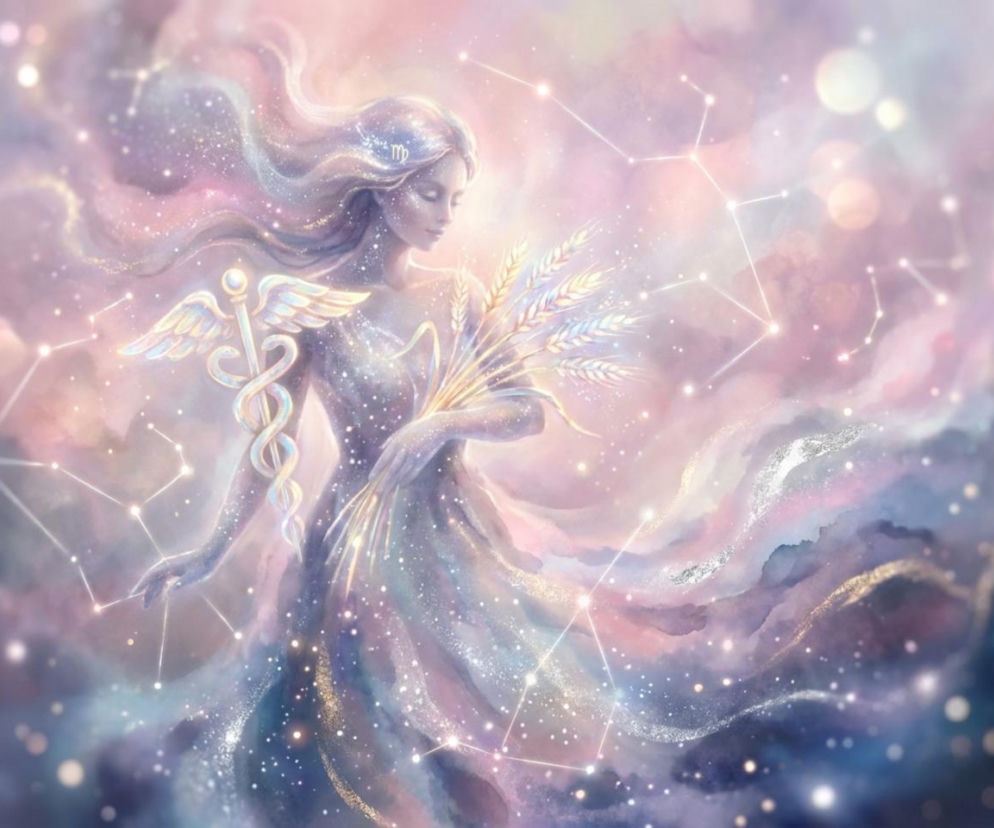 Grafika stockowa przedstawiająca eteryczną postać symbolizującą znak zodiaku Panna, otoczoną konstelacjami i rozświetloną mgłą, trzymającą kłosy zboża oraz laskę Eskulapa. Odzwierciedla to kontekst horoskopu dziennego, który można przeczytać na naszym portalu.
