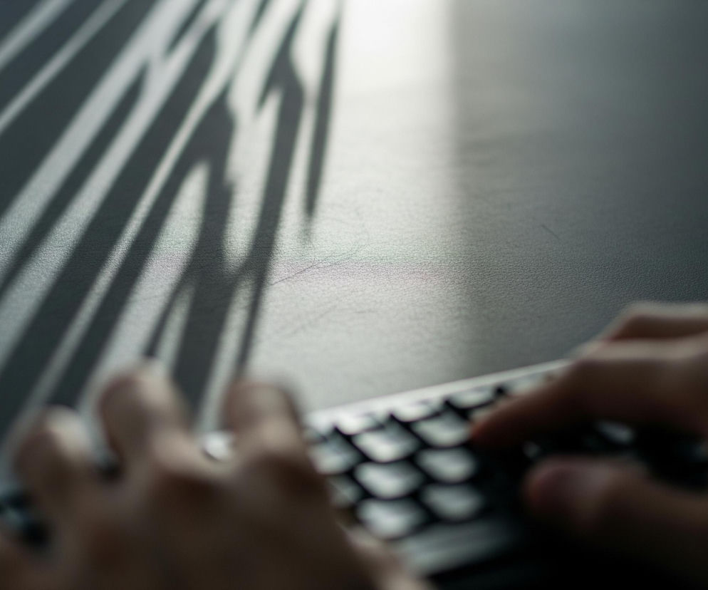 Dwie rozmyte dłonie o jasnej karnacji, ledwo widoczne, spoczywają na czarnej klawiaturze, z której zarysów można rozpoznać rzędy klawiszy. Klawiatura umieszczona jest na ciemnej powierzchni, która w górnej części obrazu jaśnieje, tworząc rozmazany, biały obszar. Po lewej stronie górnej części kadru widoczne są wyraźne, długie cienie o nieregularnym kształcie, przypominające paski lub liście, przeplatane jasnymi smugami światła.