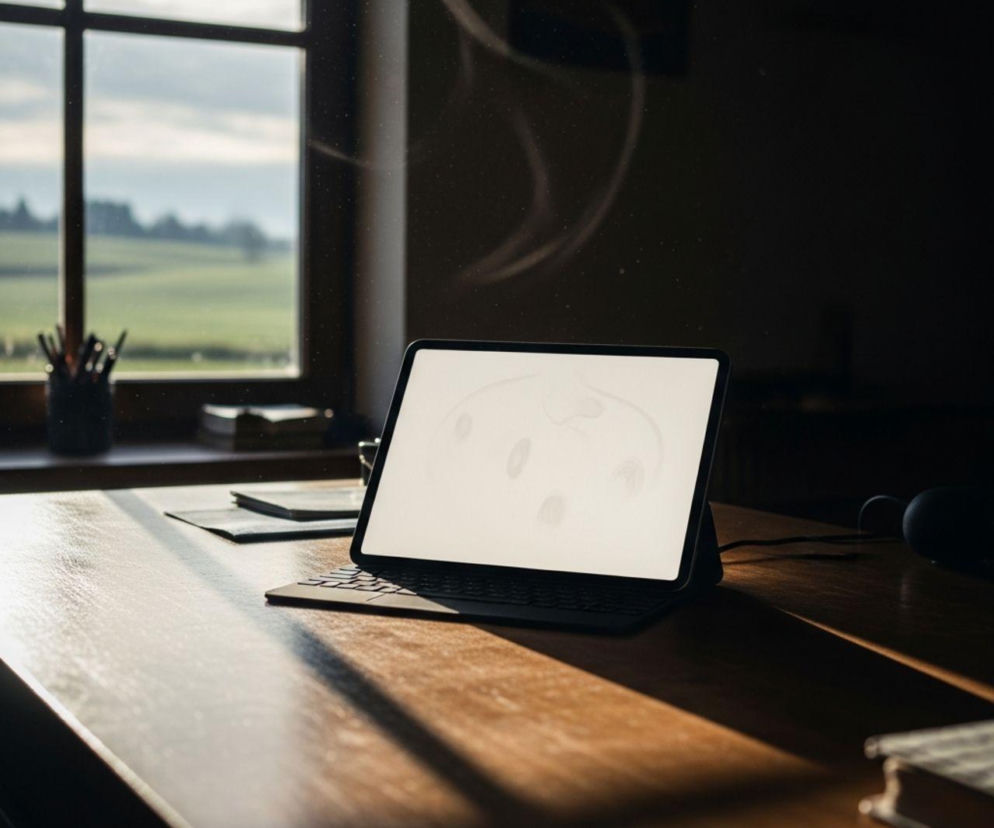 Tablet na drewnianym biurku w biurze, z widokiem na zielone pola przez okno. Obraz symbolizuje nowoczesne rozwiązania w rolnictwie i możliwości rozwoju dzięki mentoringowi, o czym przeczytasz na Super Biznes.