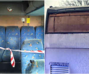 Tektura zamiast szyby. Skandal w autobusie dla dzieci pod Mławą! Policjanci w szoku [ZDJĘCIA]