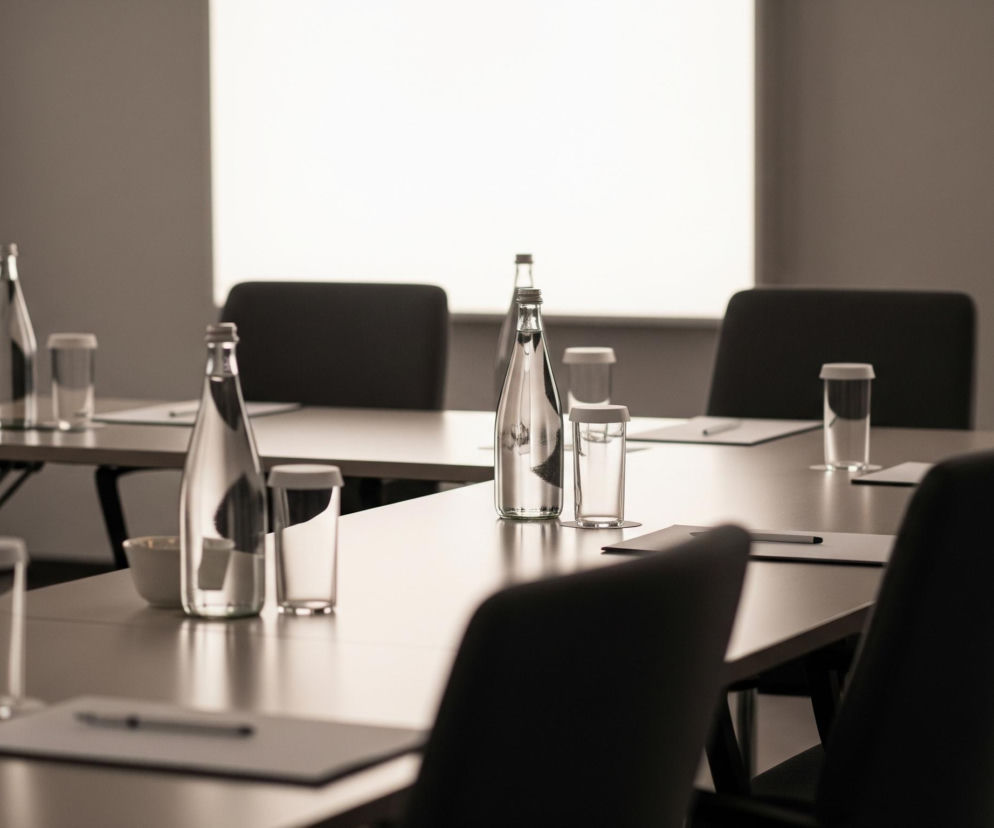 Na zdjęciu widoczna jest sala konferencyjna z długim stołem, na którym stoją butelki wody i szklanki. Stół jest beżowy i odzwierciedla światło, a na nim leżą białe kartki papieru i długopisy. Wokół stołu ustawione są ciemnoszare krzesła z wysokimi oparciami, a za nimi znajduje się jasna ściana z dużym, świecącym prostokątem, prawdopodobnie ekranem lub oknem. Po lewej stronie w tle widać fragment ciemnej zasłony.