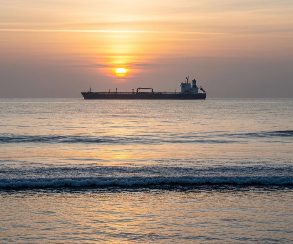 Na pierwszym planie widoczne są fale oceanu, które odbijają złote i pomarańczowe barwy zachodzącego słońca. W tle, na horyzoncie, unosi się ciemna sylwetka statku towarowego z widocznymi masztami i nadbudówką. Słońce, w kształcie intensywnej, pomarańczowo-żółtej kuli, częściowo zakryte jest chmurami, tworząc świetlistą poświatę na niebie w odcieniach pomarańczy, różu i szarości.