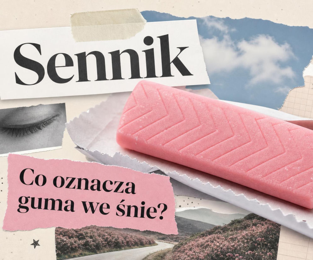 Różowa guma do żucia na papierku. Obok miniatura zamkniętego oka. O senniku i znaczeniu gumy przeczytasz na SE.