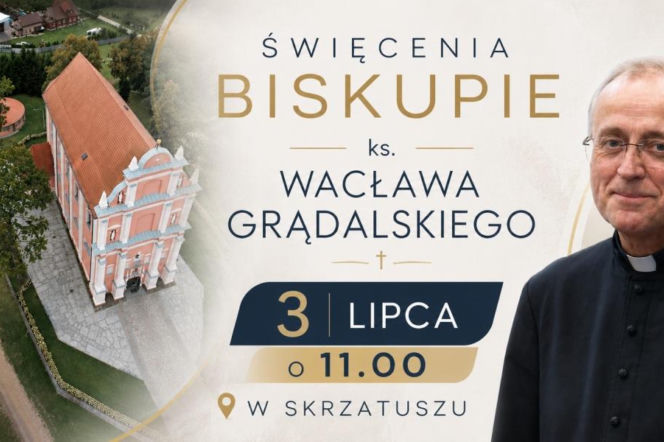 Biskup nominat ks. Wacław Grądalski na tle sanktuarium w Skrzatuszu. O święceniach przeczytasz na Radioplus.