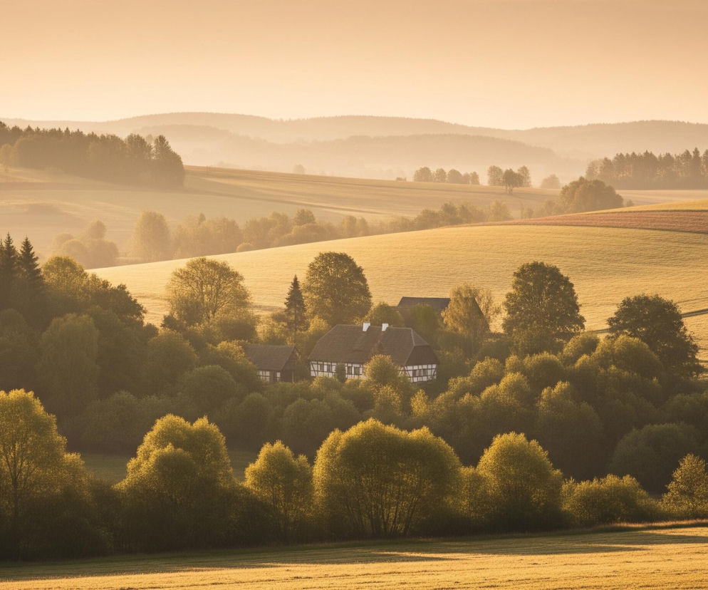 Wiejski krajobraz z pagórkami rozciąga się pod jasnym, beżowym niebem. Pośrodku obrazu, wśród gęstych drzew i krzewów o jasnozielonych i ciemnozielonych liściach, widoczne są dwa tradycyjne domy z białymi fasadami i ciemnymi dachami. Na pierwszym planie i w tle dominują złocisto-żółte pola, ułożone w pasy na łagodnych wzniesieniach, a w oddali zarysowują się kolejne, zamglone pasma wzniesień porośniętych lasami, zanikające w jaśniejszym, ciepłym świetle.