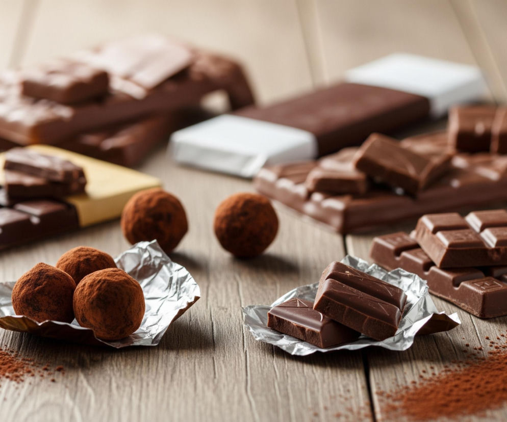 Kawałki czekolady mlecznej i ciemne trufle kakaowe na drewnianym stole. Widoczne tabliczki czekolady w opakowaniach i rozsypane kakao. Artykuł o tym, jak drożeje czekolada na Super Biznes.