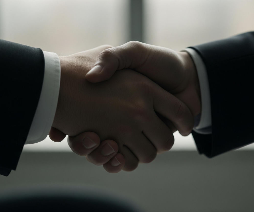 Dwie osoby w ciemnych garniturach z białymi mankietami koszul ściskają sobie dłonie w centralnej części kadru. Ich dłonie są w odcieniach beżu i brązu, z paznokciami widocznymi na palcach. Tło jest rozmyte, w większości jasnoszare, z pionowymi ciemniejszymi pasami w oddali, sugerującymi obecność okna. Światło pada z lewej strony, delikatnie rozświetlając dłonie i mankiety.