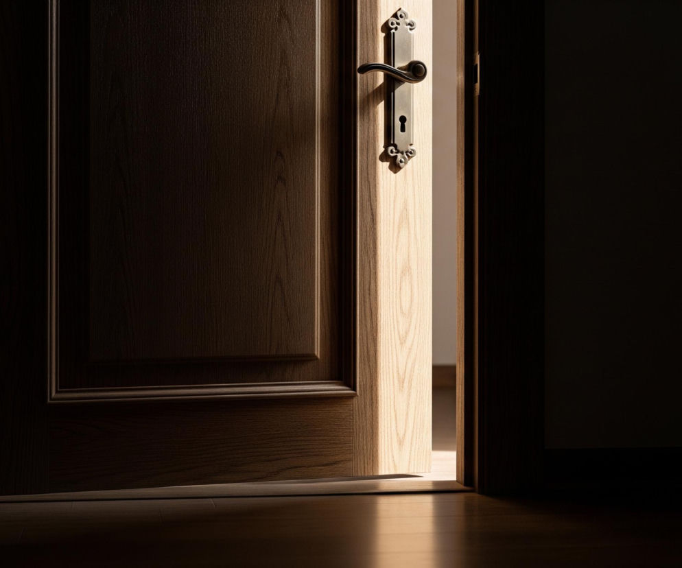 Uchylone drewniane drzwi z metalową, ozdobną klamką oświetlone są jasnym światłem, które wpada przez szczelinę. Drewno na drzwiach ma ciemny, ciepły odcień, a jego struktura jest wyraźnie widoczna, szczególnie w dolnej części i na wewnętrznej krawędzi. Światło tworzy prostokątny pas na podłodze wykonanej z błyszczących paneli lub desek, a także podkreśla zdobienia na klamce i ramie drzwi. Większość obrazu po prawej stronie pozostaje w głębokim cieniu, co kontrastuje z jasnym prześwitem za uchylonymi drzwiami.