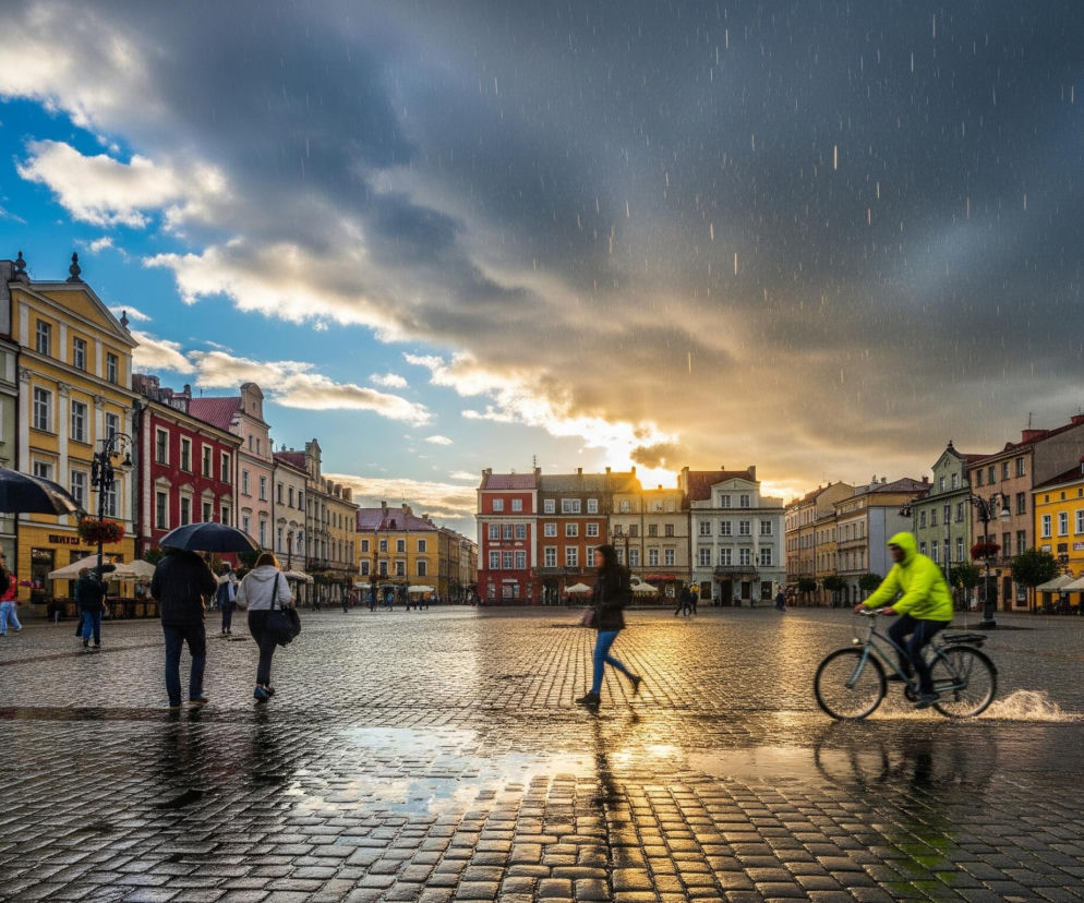 Deszcz pada na brukowany plac otoczony kolorowymi kamienicami. Po lewej stronie dominują odcienie czerwieni, zieleni i żółci, podczas gdy po prawej stronie widać budynki w tonacjach beżu i brązu. Chmury na niebie są częściowo ciemne, z jasnym, pomarańczowo-żółtym słońcem przebijającym się przez nie po prawej stronie, co tworzy wyraźny kontrast z ciemniejszymi obłokami po lewej. Na mokrym bruku odbijają się barwy nieba i kamienic, a kałuże rozsiane po placu migoczą w świetle słońca. Ludzie z parasolami idą przez plac, a rowerzysta w jaskrawozielonej kurtce przejeżdża przez kałużę, rozpryskując wodę.