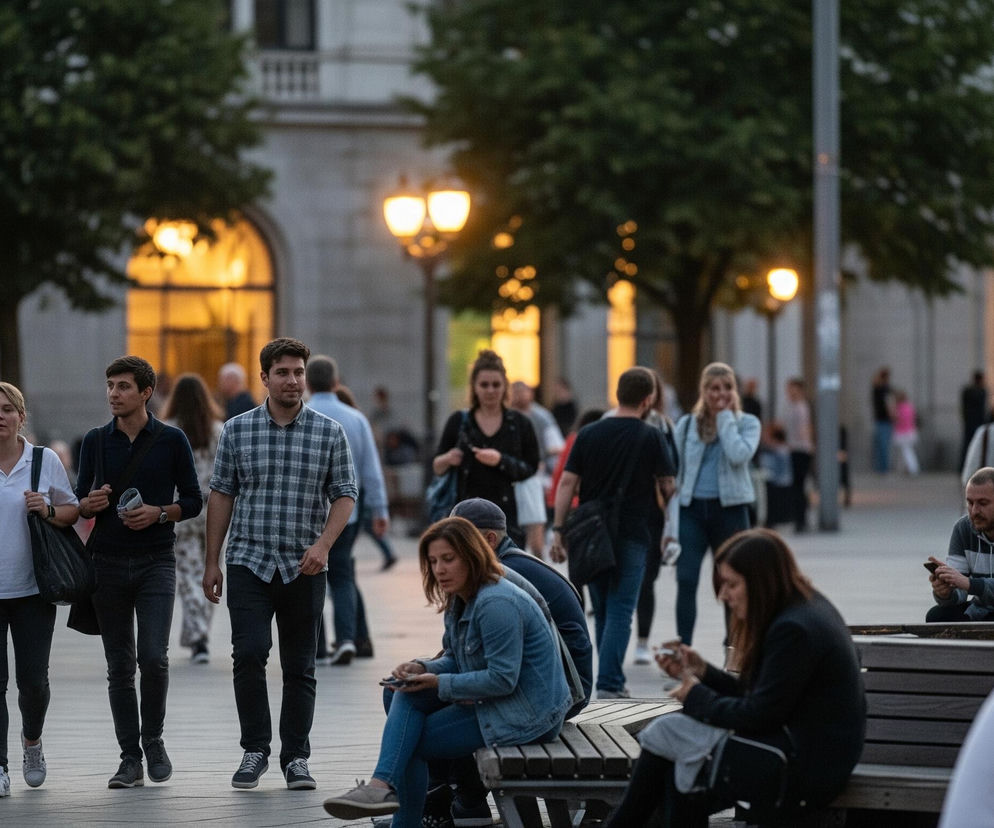 Grupa ludzi przemieszcza się po miejskim placu, oświetlonym wieczornym światłem. Mężczyzna w kraciastej koszuli i ciemnych jeansach idzie centralnie, a obok niego, po lewej stronie, kobieta w białej koszulce polo trzyma czarną torbę na ramieniu. Na pierwszym planie, po prawej, dwie kobiety siedzą na drewnianej ławce, jedna w dżinsowej kurtce, druga w czarnej marynarce, obie skupione na swoich telefonach. W tle widoczne są budynki z łukowymi oknami, z których wydobywa się ciepłe, żółte światło, oraz drzewa i uliczne latarnie, również emitujące jasne, żółte światło.