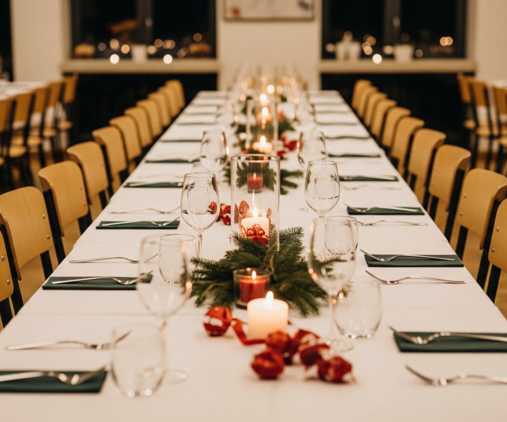 Długi stół nakryty białym obrusem biegnie przez centrum kadru, rozciągając się od pierwszego planu ku oddali. Po obu stronach stołu ustawiono drewniane krzesła z jasnymi oparciami i czarnymi ramami. Na stole, wzdłuż jego osi, rozmieszczono dekoracje świąteczne: zielone gałązki igliwia, czerwone świece w szklanych lampionach oraz małe, czerwone bombki przewiązane wstążkami. Nakrycia składają się z zielonych serwetek, na których leżą sztućce, oraz przezroczystych kieliszków do wina i szklanek. Tło jest lekko rozmyte, ukazując kolejne stoły z krzesłami oraz rozświetlone punkty, prawdopodobnie z okien, dodające ciepłego nastroju.