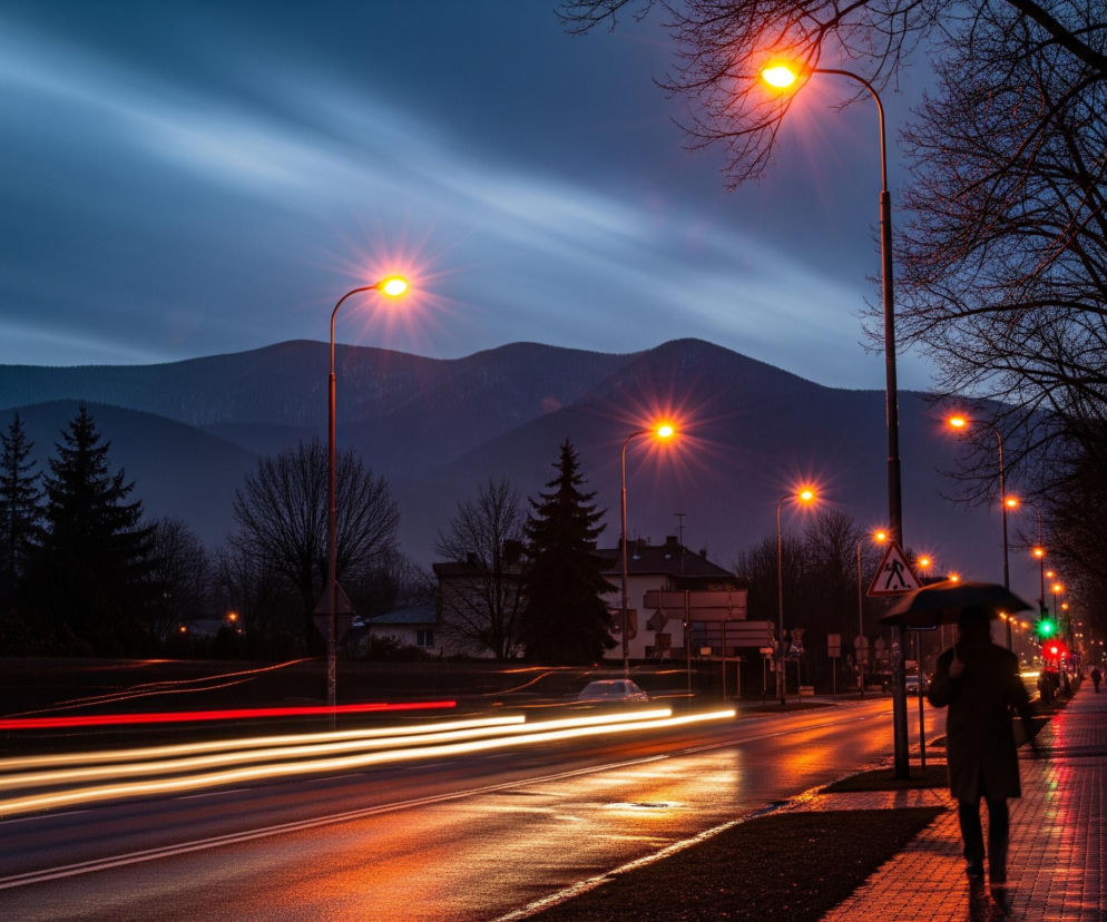 Osoba w ciemnym płaszczu, trzymająca otwarty parasol, idzie po mokrym, wyłożonym kostką chodniku, odbijającym pomarańczowe światło latarni ulicznych i czerwone oraz zielone światła sygnalizacji. Po lewej stronie chodnika znajduje się ciemna ulica z długimi smugami świateł pojazdów – czerwonymi w górnej części jezdni i żółtymi w dolnej, co wskazuje na ruch drogowy. W tle widać zarysy gór pod ciemnym, granatowym niebem z jaśniejszymi smugami chmur. Liczne latarnie uliczne z pomarańczowym światłem, bezlistne drzewa i kilka budynków widać wzdłuż ulicy.