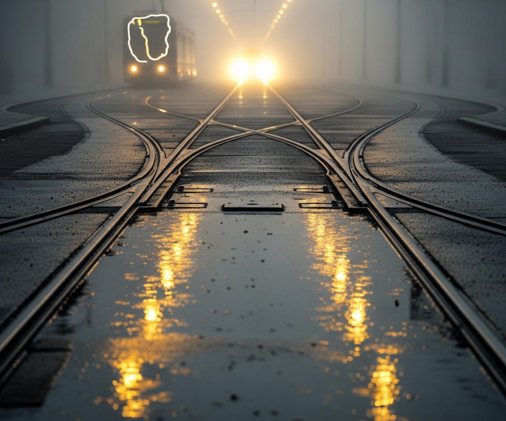 Na mokrej jezdni z torami tramwajowymi, pokrytej licznymi drobnymi kroplami, odbija się intensywne, żółte światło. Tło wypełnia gęsta mgła, przez którą widać zbliżający się tramwaj z wyraźnym białym zarysem jego sylwetki na przodzie i dwoma jasnymi reflektorami. Tory rozdzielają się w oddali, tworząc rozwidlenie, a ich mokra powierzchnia błyszczy, odzwierciedlając górne źródła światła widoczne jako rząd jasnych punktów po lewej stronie horyzontu.