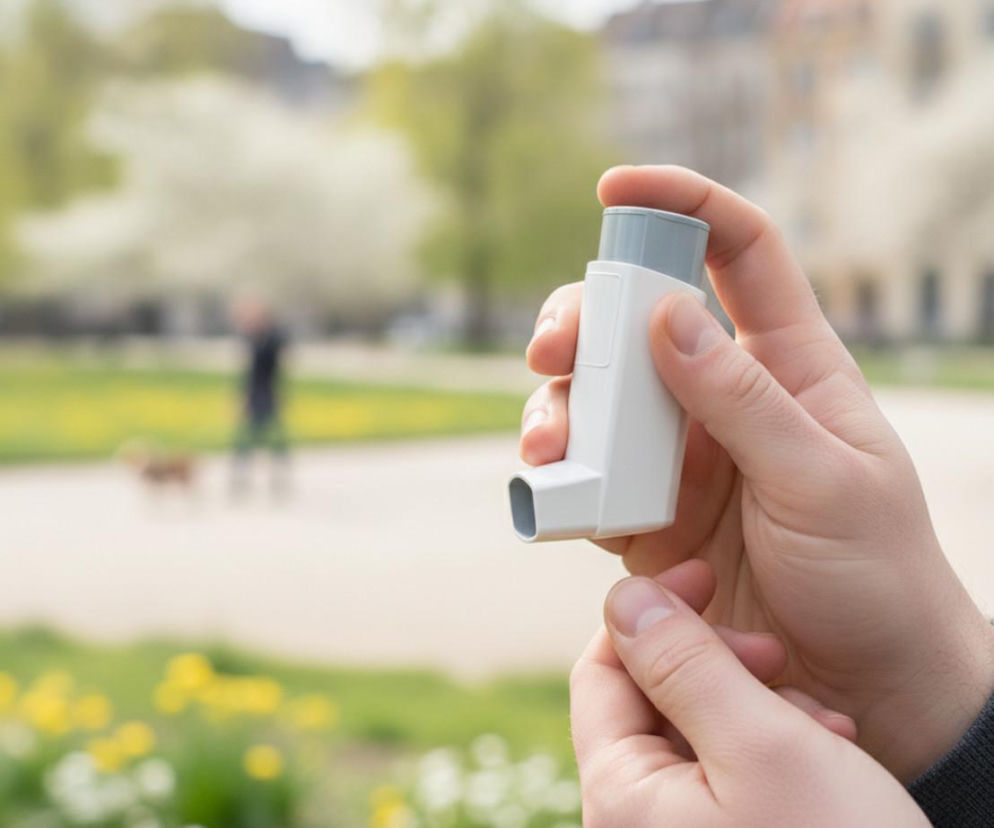 Dłonie dorosłej osoby trzymają inhalator astmatyczny w parku podczas kwitnienia drzew. Artykuł na Poradniku Zdrowie omawia sposoby leczenia i radzenia sobie z alergią oraz astmą.