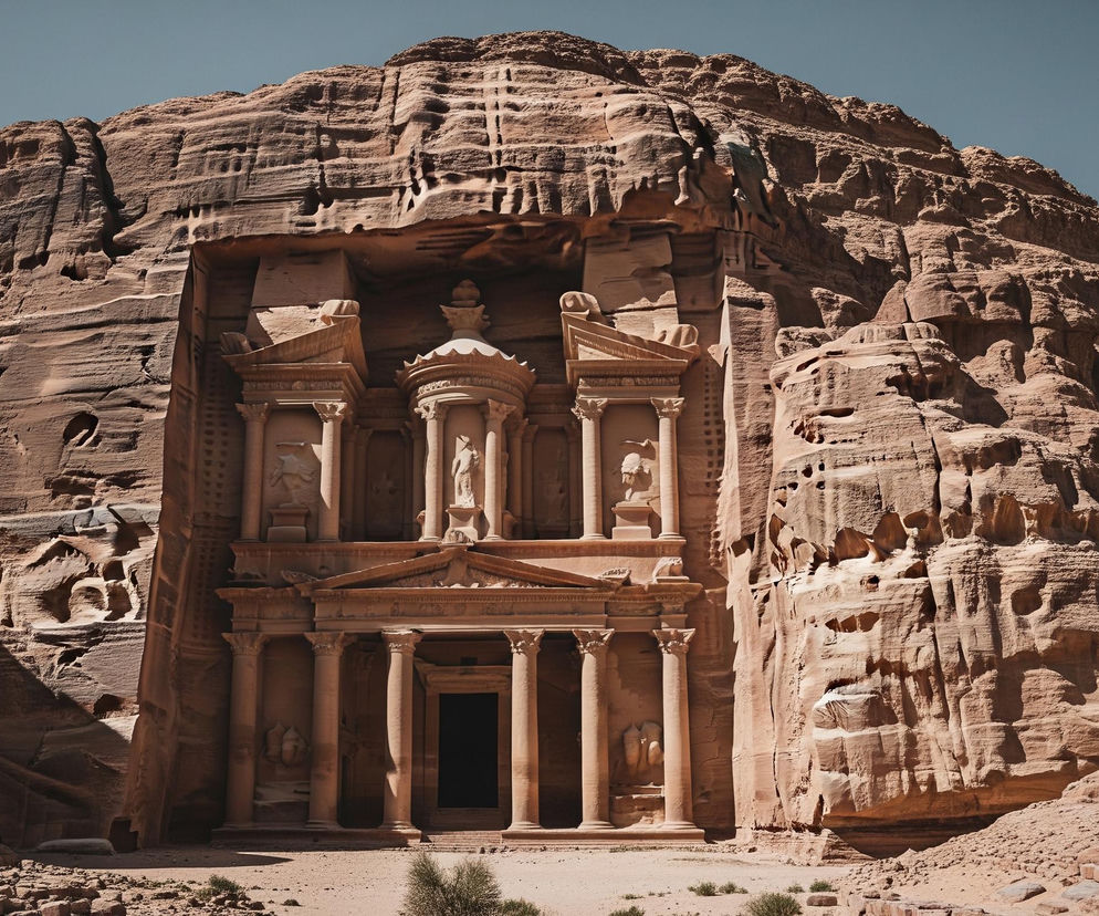 Ogromna, wykuta w skale fasada budynku dominuje centralną część obrazu, otoczona naturalnymi, nierównymi formacjami skalnymi w odcieniach piaskowego brązu. Fasadę wyróżniają rzeźbione kolumny, gzymsy i nisze z posągami, a także centralne, ciemne wejście. Jasne słońce oświetla większość struktury i skalistego otoczenia, tworząc głębokie cienie po lewej stronie kadru, natomiast górna część nieba jest w kolorze bladoniebieskim. Na piaszczystym, nierównym podłożu przed budynkiem widać kilka małych, suchych krzewów i drobne kamienie.
