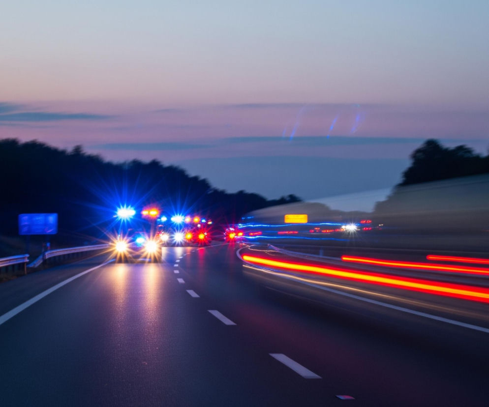 Droga ekspresowa widoczna jest w perspektywie, prowadząc lekko w prawo, oświetlona światłami pojazdów i otoczona ciemnym tłem lasu. Na lewym pasie ruchu stoją samochody z włączonymi, rozmazanymi niebieskimi i żółtymi światłami awaryjnymi oraz przednimi reflektorami. Na prawym pasie widoczne są długie, rozmazane czerwone smugi świateł pozycyjnych i stopu przejeżdżających samochodów, podkreślające efekt ruchu. Niebo, zajmujące górną część obrazu, przechodzi od jasnego różu do ciemnego fioletu, a w dali widoczne są ciemne, niewyraźne chmury.