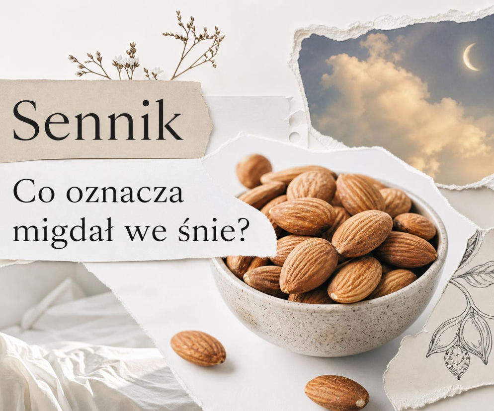 Miska pełna migdałów. Obok napis Sennik. Na wstawce nocne niebo z księżycem. O snach z migdałami przeczytasz w SE.
