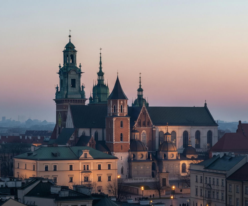 W centrum zdjęcia znajduje się rozległy kompleks budynków sakralnych z wyraźnymi zielonymi kopułami i strzelistymi wieżami zakończonymi krzyżami, otoczony gęstą zabudową miejską. Dominują odcienie czerwono-brązowej cegły oraz jasne elewacje budynków, z ciemnozielonymi i ciemnoczerwonymi dachami. Scena skąpana jest w miękkim świetle zmierzchu, gdzie niebo przechodzi od jasnego, błękitno-szarego u góry do różowo-fioletowego w horyzoncie, tworząc gradientowy efekt. Na pierwszym planie widoczne są dachy i fragmenty kamienic, niektóre z oświetlonymi oknami, a w tle rozciąga się zamglona panorama miasta z niewyraźnymi zarysami budynków.