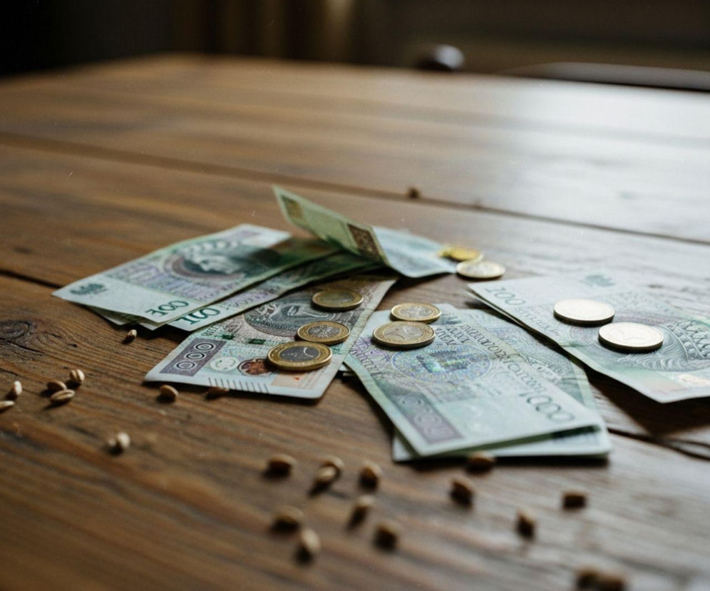 Banknoty 100 zł i monety euro leżące na drewnianym stole, wokół rozsypane ziarna zbóż. Zdjęcie symbolizuje zyski i wsparcie finansowe dla rolników, o czym możesz przeczytać na Super Biznes.