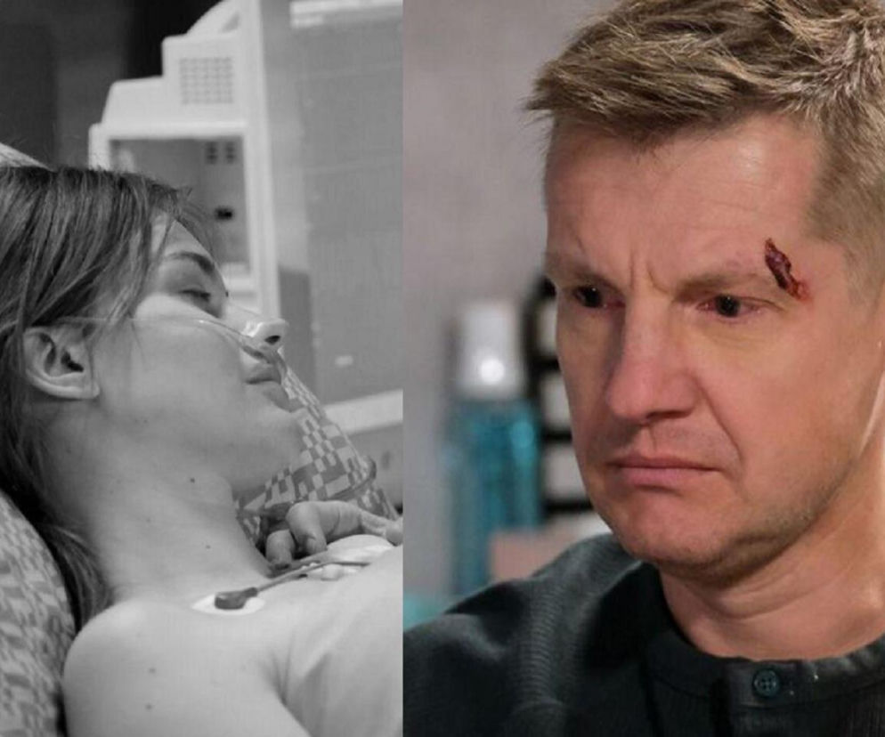 Czarno-białe zdjęcie Franki (Dominika Kachlik) podpiętej do aparatury medycznej obok zatroskanego Pawła Zduńskiego (Rafał Mroczek) z raną na czole. Zdjęcie ilustruje temat śmierci Franki w „M jak miłość” oraz przyszłość Pawła po jej odejściu, o czym przeczytasz na Super Seriale.