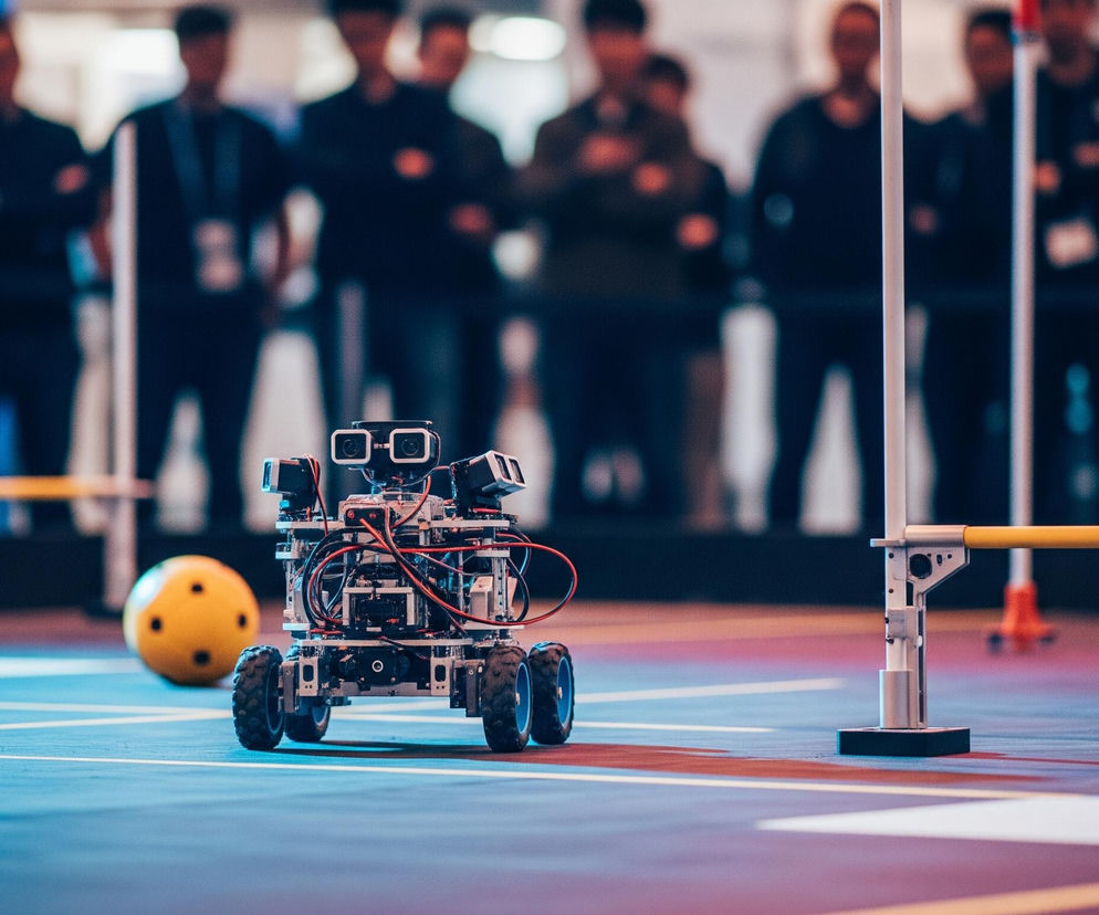 Na pierwszym planie, centralnie, stoi mały, szaro-czarny robot na czterech kołach z niebieskimi felgami, z widocznymi licznymi przewodami w kolorze czerwonym i czarnym. Po lewej stronie, za robotem, leży żółta piłka z czarnymi kropkami. Po prawej stronie, bliżej krawędzi kadru, znajduje się element białej konstrukcji z żółtym poprzecznym drążkiem, przypominający bramkę lub przeszkodę. Wszystkie te elementy znajdują się na niebieskiej powierzchni boiska, poprzecinanej białymi i żółtymi liniami, która przechodzi w fioletową strefę po prawej stronie. Tło stanowi niewyraźny rząd osób, stojących za barierką, ubranych w ciemne koszulki.